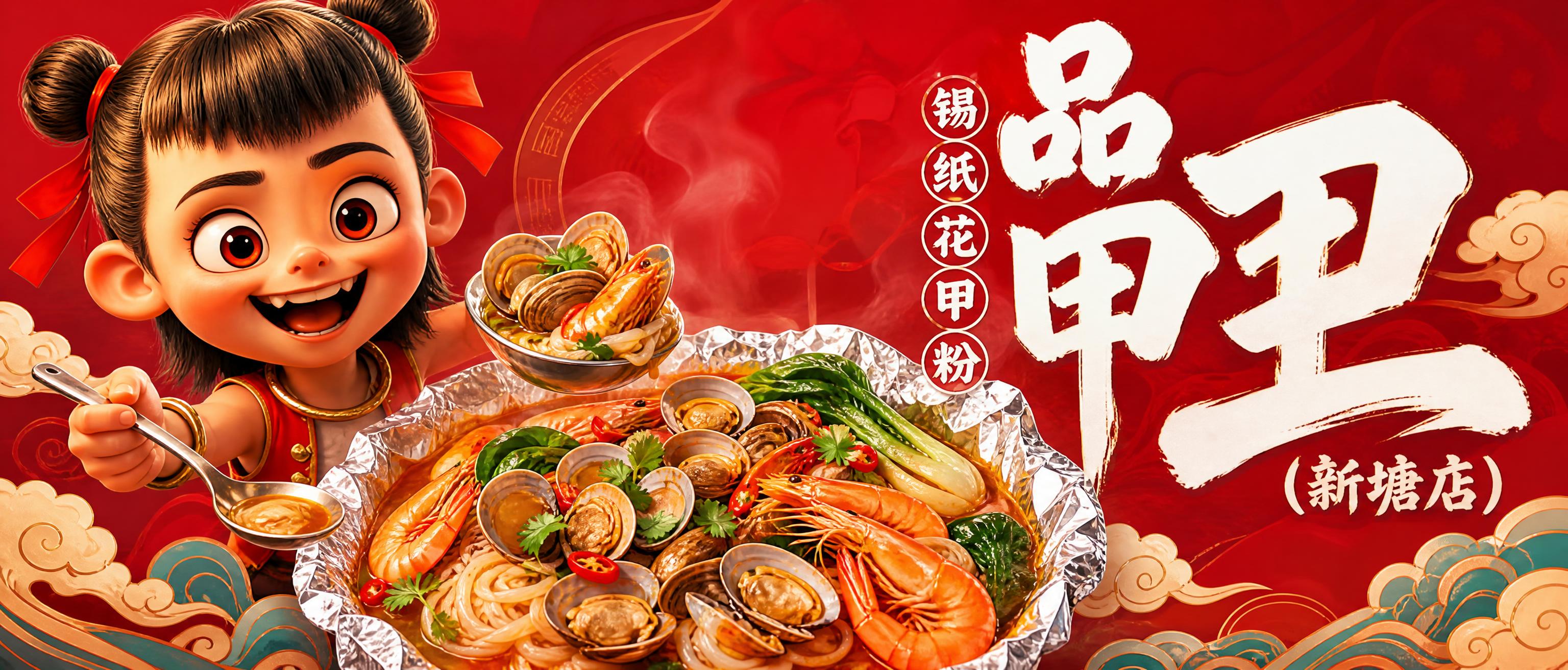 餐饮海报横幅设计，卡通Q版哪吒形象扎双丸子头系红丝带笑容灿烂，… - 图片创意预览