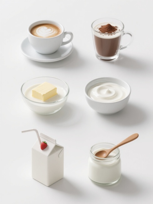 纯白背景上，六个完全不同的奶制品以规整网格排布，每个元素均保持高度写实3D风格，玻璃器皿通透质感与奶液细腻光泽统一。包含：左侧上方带奶泡的拿铁咖啡杯，右侧上方撒有可可粉的热巧克力玻璃杯，左侧中间带黄油块的早餐牛奶碗，右侧中间凝结奶皮的传统瓷碗老酸奶，左侧下方插着吸管的草莓味牛奶盒，右侧下方带木勺的玻璃罐希腊酸奶，整体光影柔和自然，物体阴影细微且一致，所有奶制品呈现纯净乳白色调与半透明质感。预览效果