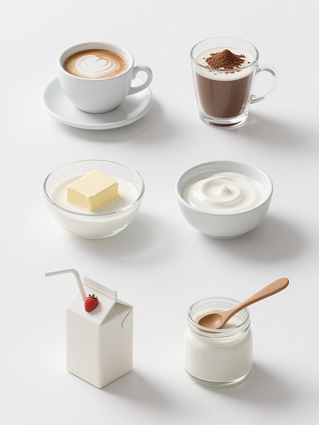 纯白背景上，六个完全不同的奶制品以规整网格排布，每个元素均保持高度写实3D风格，玻璃器皿通透质感与奶液细腻光泽统一。包含：左侧上方带奶泡的拿铁咖啡杯，右侧上方撒有可可粉的热巧克力玻璃杯，左侧中间带黄油块的早餐牛奶碗，右侧中间凝结奶皮的传统瓷碗老酸奶，左侧下方插着吸管的草莓味牛奶盒，右侧下方带木勺的玻璃罐希腊酸奶，整体光影柔和自然，物体阴影细微且一致，所有奶制品呈现纯净乳白色调与半透明质感。