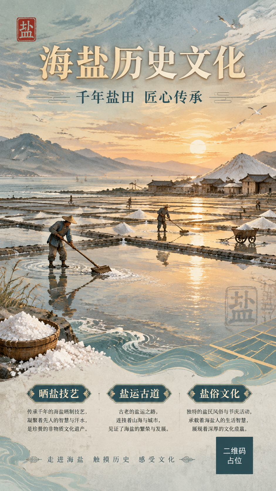 国风新中式工笔插画风格的竖版文化艺术宣传海报，主题为海盐历史文… - 图片创意预览