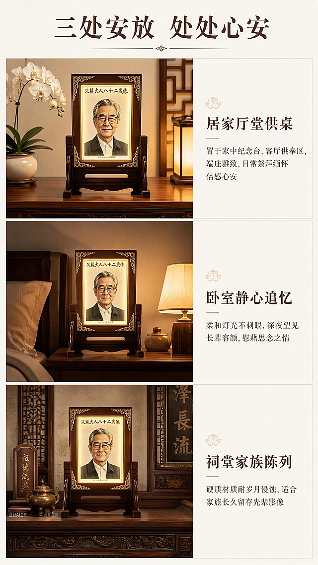 [第3张] 场景使用展示页-中式带灯高温陶瓷先人肖像纪念摆台。本张使用【图4】作为场景参考，【图3】作为产品主体。
[氛围/风格] 静谧温情，居家供奉场景感，庄重雅致，商业摄影质感。
[元素布局] 上中下三格场景拼图，每格展示一个使用场景，配简短文案。第1格：居家厅堂供桌摆放，中式实木供桌上摆放带灯瓷像，旁有白色兰花装饰，暖光氛围；第2格：卧室静心追忆摆放，床头柜上的瓷像发出柔和暖光，夜间温馨氛围；第3格：祠堂家族纪念处陈列，中式古典案台上的瓷像，庄重典雅。三格之间用浅咖色细线分隔。
[光影质感] 每格场景均有独立光影，整体偏暖色调，暖光灯带发光效果自然柔和，场景光影真实有层次。
[配色色系] 全局底色 #FAF7F2 米白色；场景主色调深胡桃木色+暖金色；文字色深胡桃木色 #5C3A21。
[视角构图] 竖版三格上下排列，每格左图右文或上图下文，阅读动线从上至下依次浏览三个场景。
[文字版式] 版式为三格场景拼图，每格配场景标题和简短说明。顶部大标题「三处安放 处处心安」，宋体居中，深胡桃木色；第1格标题「居家厅堂供桌」，说明「置于家中纪念台、客厅供奉区，端庄雅致，日常祭拜缅怀倍感心安」；第2格标题「卧室静心追忆」，说明「柔和灯光不刺眼，深夜望见长辈容颜，慰藉思念之情」；第3格标题「祠堂家族陈列」，说明「硬质材质耐岁月侵蚀，适合家族长久留存先辈影像」；文字均在每格右侧或下方，不遮挡产品主体。
[比例分辨率] 9:16 竖版比例，4K分辨率，文字清晰可辨，高清画质。
[负向提示词] 产品变形，缺件错件，纸钱灵堂等压抑元素，大红大艳，水印，文字错乱，文字过小，场景杂乱。