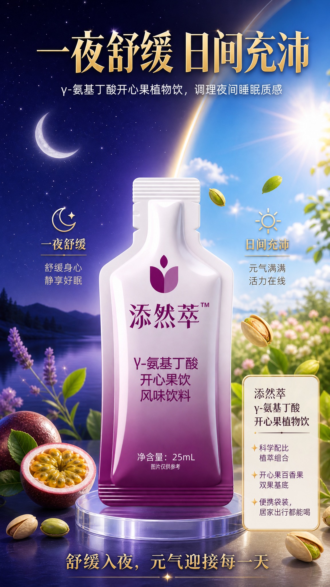 参考图1的版式骨架与夜昼对比氛围，将产品替换为图2中的添然萃γ… - 图片创意预览
