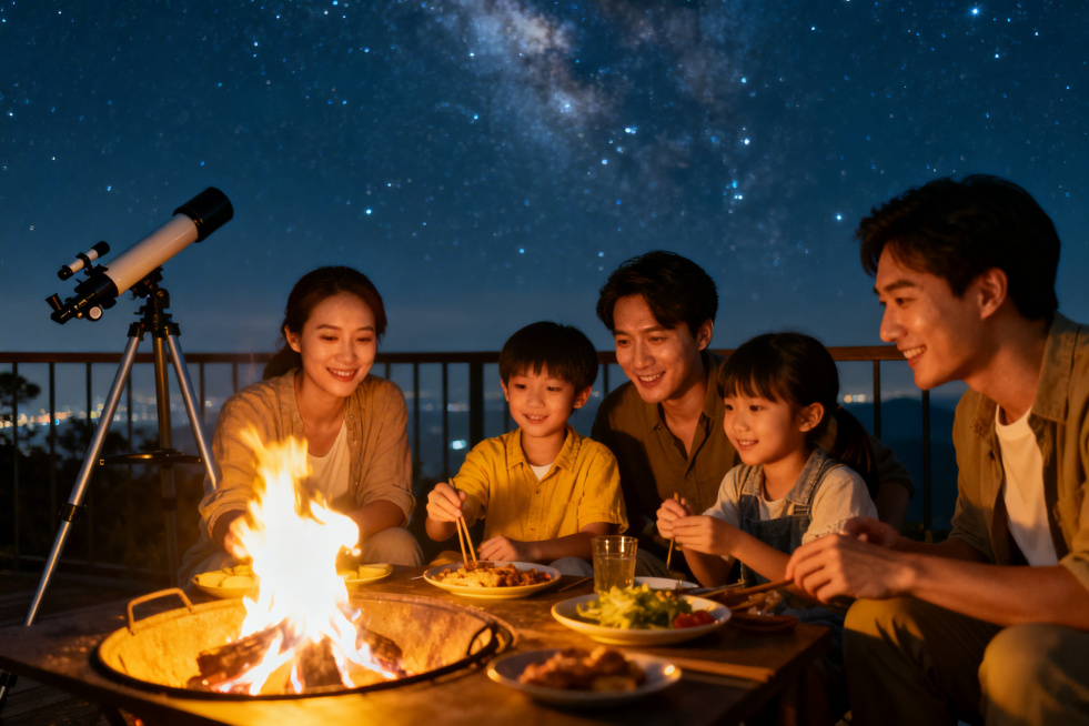 山顶龘山观星平台，星空下一家人围炉夜话，旁边摆放着天文望远镜，氛围浪漫温馨，暖黄色炉火与璀璨星空相映，营造出温馨的家庭夜间聚餐场景预览效果