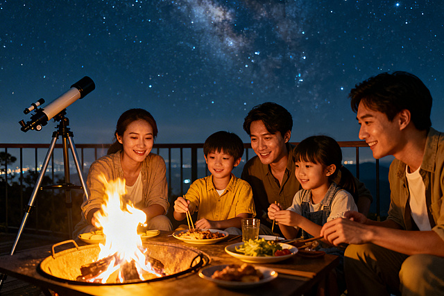 山顶龘山观星平台，星空下一家人围炉夜话，旁边摆放着天文望远镜，氛围浪漫温馨，暖黄色炉火与璀璨星空相映，营造出温馨的家庭夜间聚餐场景