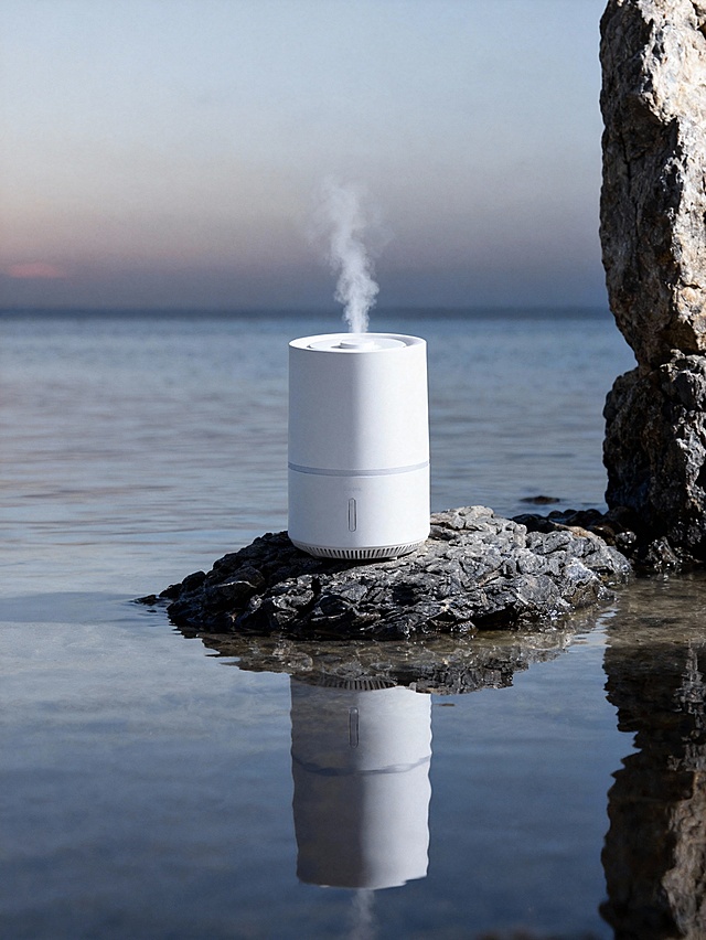 静谧湖畔，现代极简加湿器置于岩石之上，水雾轻扬，倒影清晰，融合自然与科技，呈现清爽清透的轻拟物风实景画面。