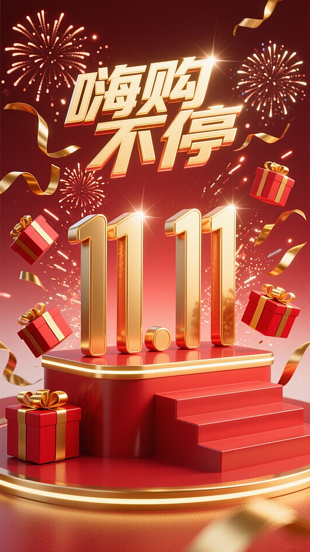 红色渐变背景带有流动的金色光纹，中央是红色动态立体字 “11.11”，字体随光效呈现明暗变化；上方用金色发光艺术字 “嗨购不停”，周围环绕动态炸开的红金礼盒、飞舞的金色丝带、持续绽放的烟花（带有拖尾光效）；底部设红色发光阶梯展台，台面边缘有金色光带，整体动感十足