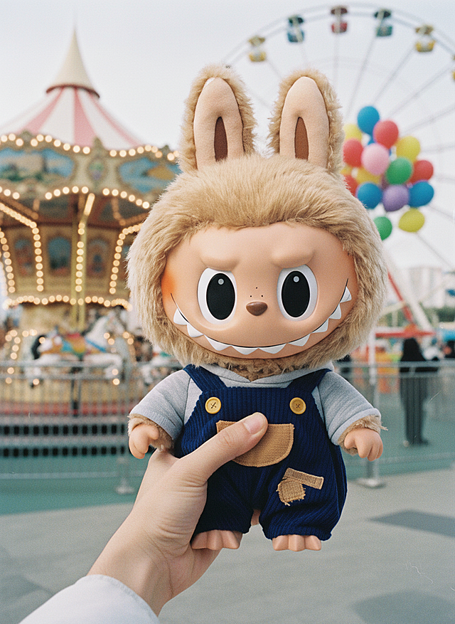 不经意间拍摄的照片，用手拿着这只玩偶，在游乐园