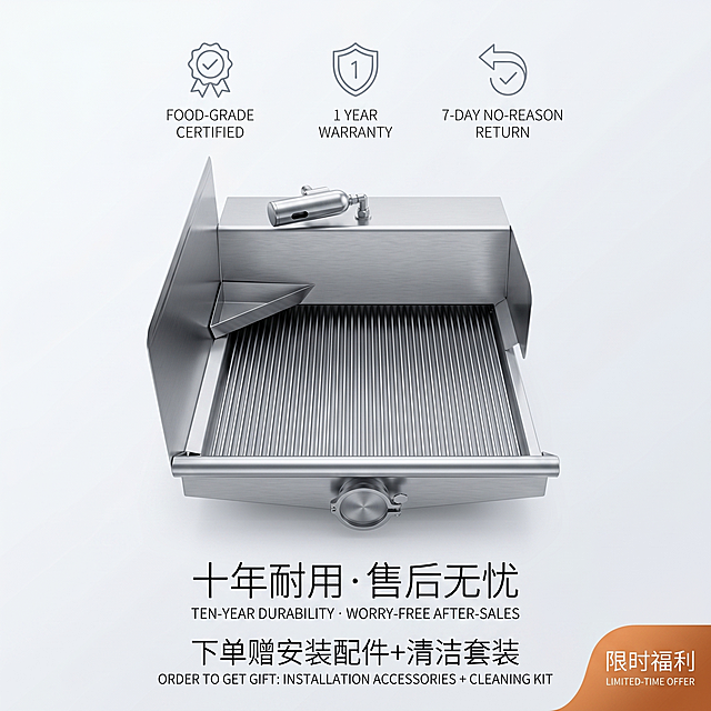 全域极简冷调风格，主色调为冷调银灰+纯白色，纤细无衬线字体，画面文字占比≤10%，场景真实自然，突出不锈钢拉丝金属质感，无多余杂物、无鲜艳色块，轻奢高级质感，画面干净干净清爽。产品正面完整实拍，浅灰色渐变极简背景，搭配食品级认证、1年质保、7天无理由极简线性图标，右下角设置小面积限时福利标签，构图平衡，兼顾信任背书与促销氛围。冷调轻奢高级质感，色调统一干净，图标线条简约精致，色彩搭配协调不突兀，8K高清、商业电商海报画质、高精致度、无杂乱元素。居中主文案"十年耐用·售后无忧"，底部居中副文案"下单赠安装配件+清洁套装"，画面上方均匀排列小尺寸线性售后图标，右下角点缀冷调橙色限时福利标签，排版规整高级。