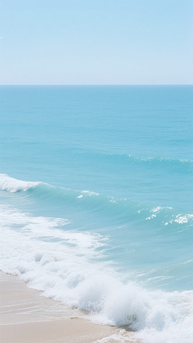 从高处俯瞰视角，纯净的浅蓝色海水，波光粼粼，海面上有白色的波浪，海浪拍打在沙滩上，溅起白色的浪花，远处是浅蓝色的天空，海天相接，画面清新、宁静、明亮，具有自然、简约的风格，色调和谐统一，光影柔和，营造出一种舒适、放松的氛围。