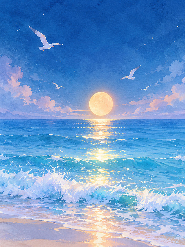清新治愈日系水彩插画背景，夜晚海边，深蓝色天空，暖金色月亮悬于海平面，海面波光粼粼，蓝色大海，白色海浪浪花飞溅，几只白色海鸥在空中飞翔，柔和光影，干净通透马卡龙配色，无文字，高清8k，适合小红书情绪海报背景。画面中不要出现：文字、水印、人物、建筑、写实硬轮廓、锐利线条、高对比度、脏污、杂乱物体、丑陋、变形、刺眼强光、多余杂物、厚重质感。
