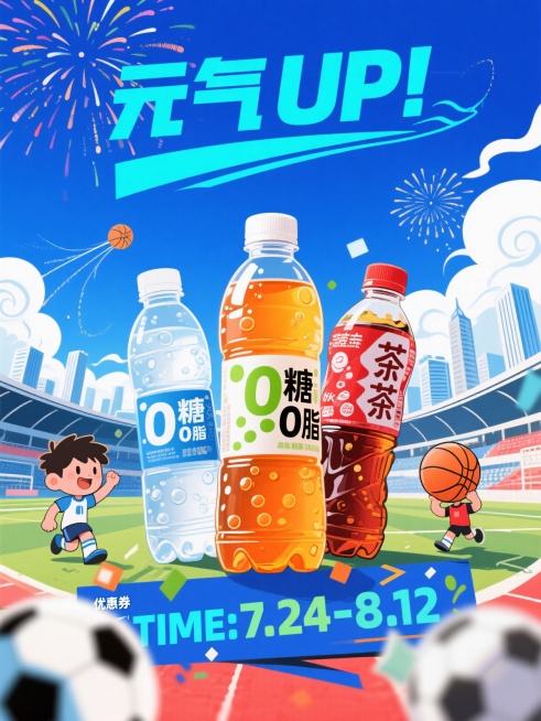 顶级画质，8K分辨率，商业海报，三款饮料瓶：气泡水（标有“0糖0脂”）、红薏豆米水、冰茶，鲜艳色彩，玻璃瓶身水珠，清晰标签，背景：蓝天白云下的城市天际线与体育场，绽放烟花，飞行轨迹飘带，前景：扁平风卡预览效果