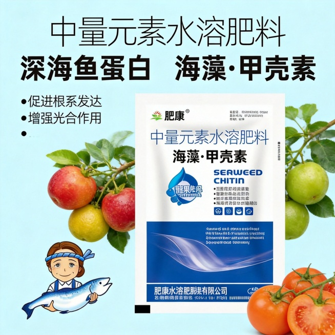 膨果期使用效果，肥康水溶肥提升果实品质，展示饱满健康果实和产品包装，拼多多1:1主图预览效果