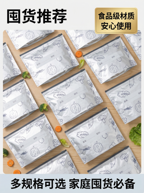 [主图 5] 铝箔保鲜袋套装促销展示
[氛围/风格] 日式简约，整洁大气，实惠量感
[画面元素] 多只铝箔保鲜袋整齐平铺排列在浅色木质背景上，画面饱满，形成量感，整体保持整洁有序，背景点缀少量新鲜蔬菜预览效果