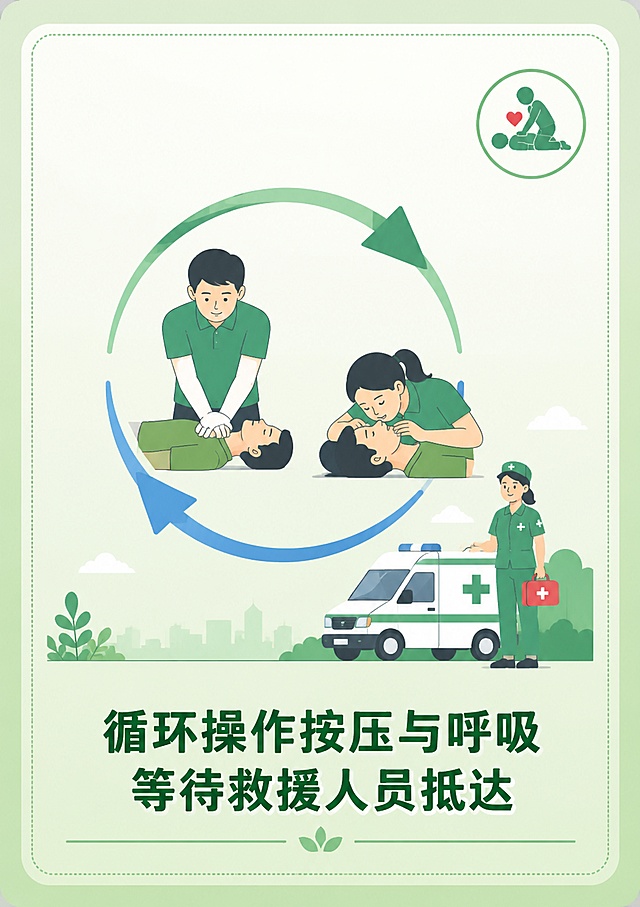 A5竖版急救科普游戏卡片设计，简约扁平插画风格，适合打印，无任何数字编号。顶部右侧有小型心肺复苏图标。中间主体是大幅扁平插画：圆形循环箭头图标，一边是按压动作一边是呼吸动作，形成循环，旁边有救护车和医护人员图标。底部是清晰醒目的中文标题文字：循环操作按压与呼吸，等待救援人员抵达。背景为干净的浅绿色渐变，整体留白充足，文字清晰易读。卡片四周留安全边距，打印友好，画面中不出现任何数字或步骤编号