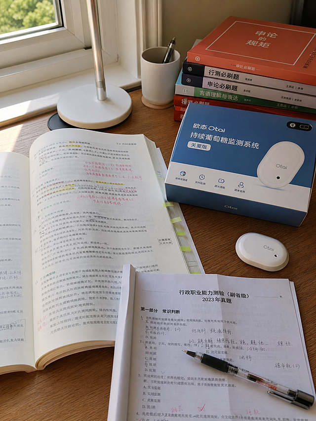 书桌学习场景，木质书桌上摊开着公考教材和真题试卷，书页上有笔记和标注，旁边平放着一套欧态Ottai持续葡萄糖监测系统（蓝色包装盒+白色椭圆形传感器发射器），产品完整清晰，包装盒上印有'欧态Ottai 持续葡萄糖监测系统 关爱版'字样，自然光从窗边照入，温暖柔和的学习氛围，画面干净整洁，写实摄影风格，高细节