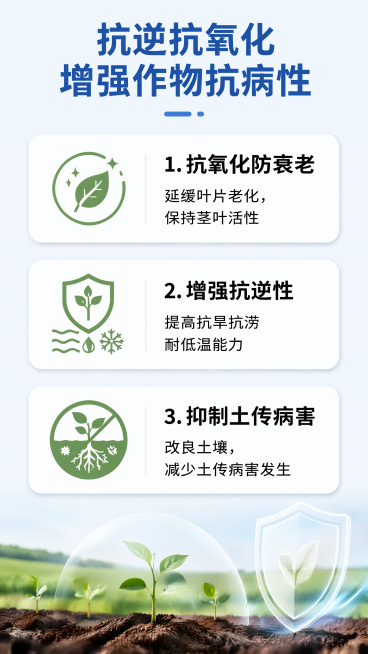 [第6屏] 抗逆抗氧化抗病害功能演示屏。本屏使用产品信息源自【图2】。
[氛围/风格] 专业功能说明风，清晰原理展示，可信专业。
[元素布局] 顶部主标题，中间分三个功能卡片，每个卡片配图标和说明，底预览效果