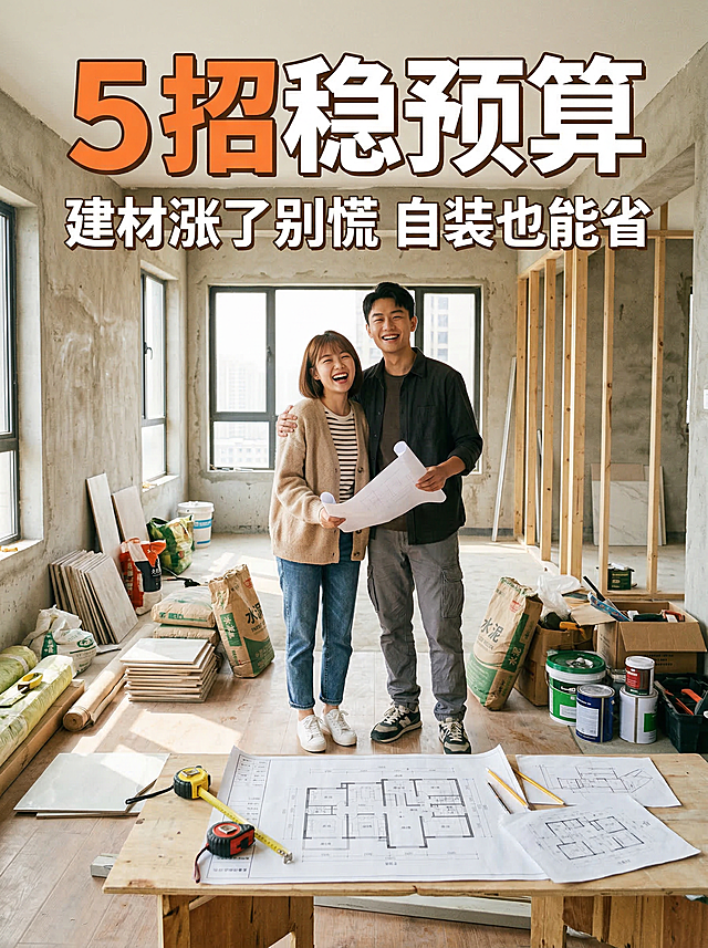 小红书热门封面，小情侣全景图，一对年轻自装情侣站在明亮温馨的毛坯房里，周围散落着建材和装修图纸，笑容轻松，画面醒目有生活感，主标题大字“5招稳预算”，小字副标题“建材涨了别慌 自装也能省”，整体配色活泼温暖，符合小红书家居内容风格