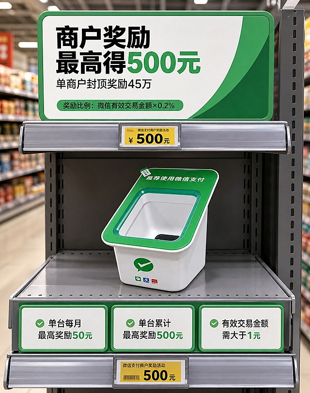 保留原图中的微信支付扫码盒子产品完全不变，产品外观、颜色、logo、文字全部一致。重新设计排版布局，生成差异化版本：采用货架陈列式排版，画面模拟超市货架，产品摆放在中间层货架上，上层货架有价格牌/标题牌，下层货架有三个信息盒分别展示三条细则，货架有金属层板和价格标签，背景为超市通道场景，整体零售场景感强、直观易懂。