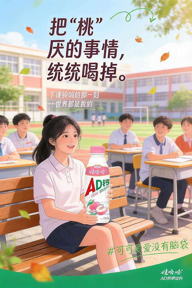 根据参考图风格，生成娃哈哈水蜜桃味AD钙奶的宣传海报，放置在校园下课场景，风格可爱治愈。主文案"把“桃”厌的事情，统统喝掉。"，场景小字"下课铃响的那一刻 世界都是我的"，情绪标签"#可可爱爱没有脑袋"，产品为图一中最右边的水蜜桃味AD钙奶瓶身。