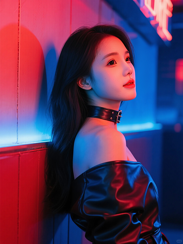 赛博朋克风潮流感十足，霓虹灯光影交错，营造未来都市夜景氛围。