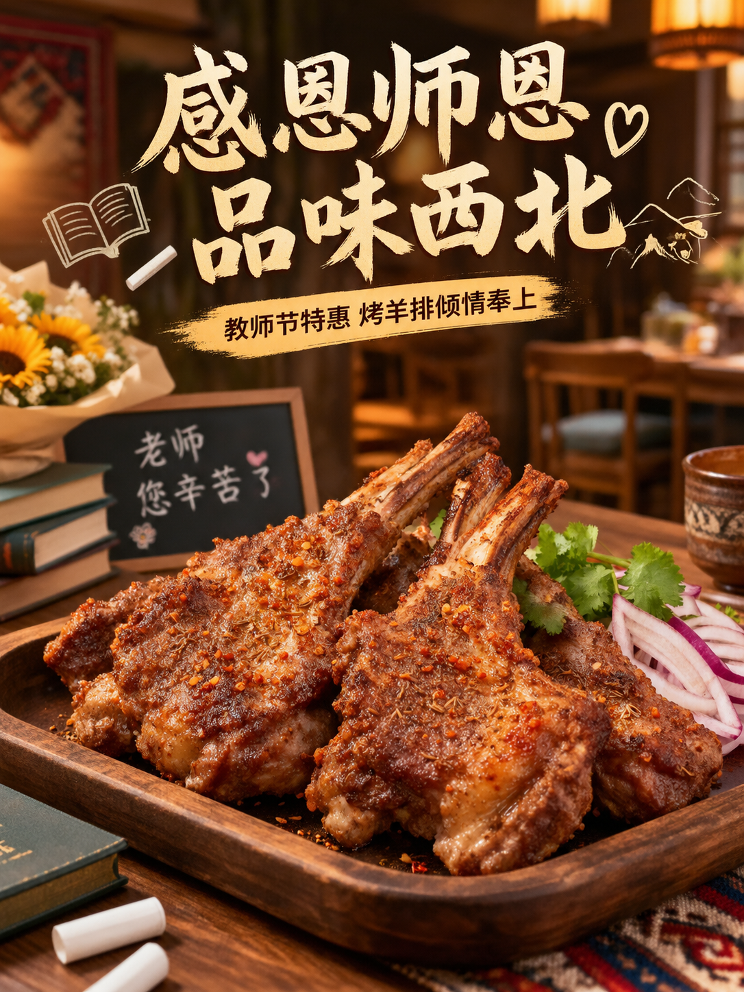 教师节主题西北菜朋友圈宣传海报，画面主体是金黄诱人的烤羊排，外… - 图片创意预览