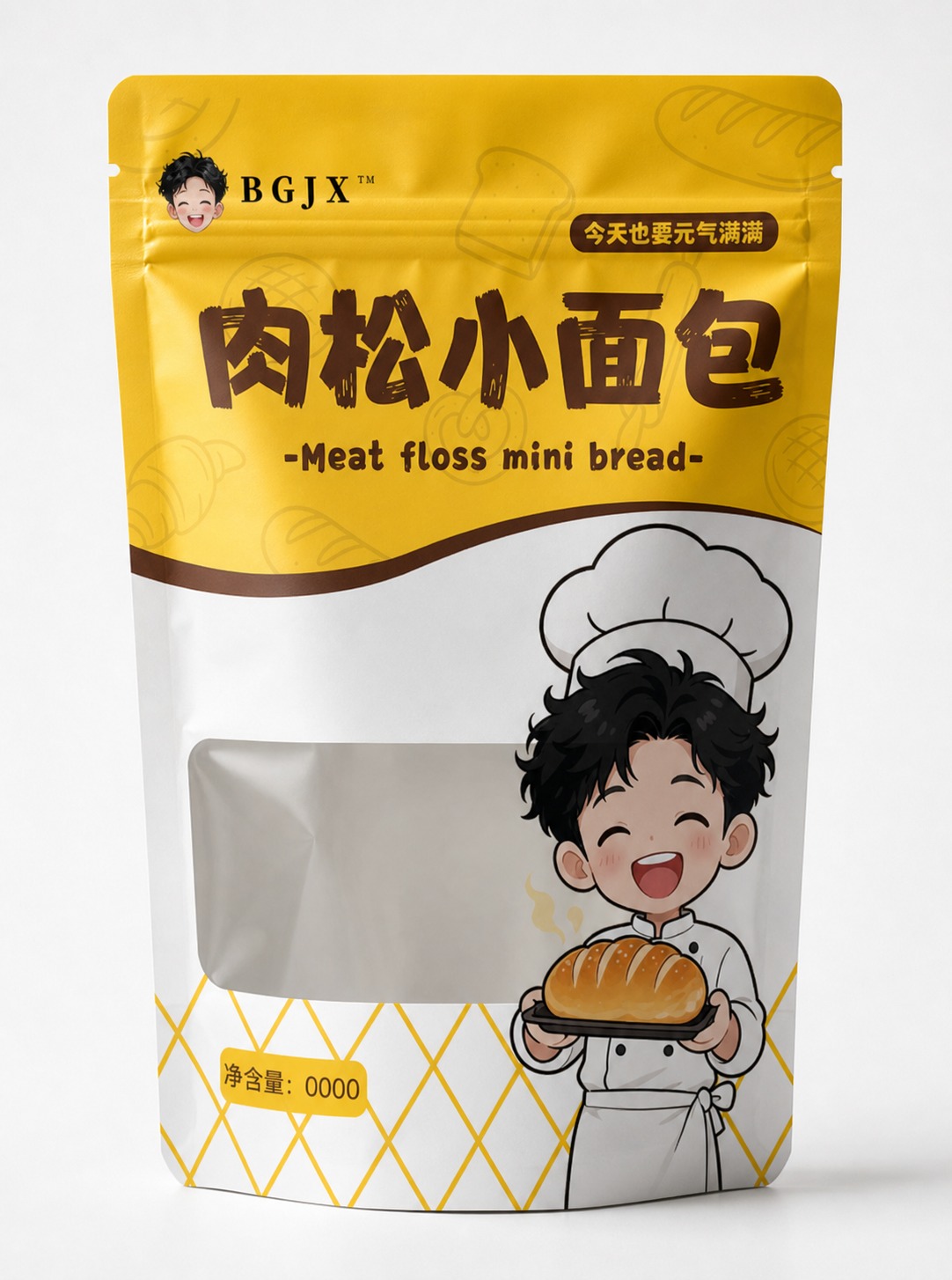 将第一张肉松小面包的包装设计图，完整贴合到第二张白色自立自封包… - 图片创意预览