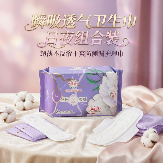 我是网店卖家，产品是女士生理期用品卫生巾，，根据你的经验帮我生成一个电商主图，/提升一些包装质感，切记不要出现网络违禁词,略微提升质感包装袋生成的包装主体不能改变，/背景可以更换更适合产品的高级背景/预览效果