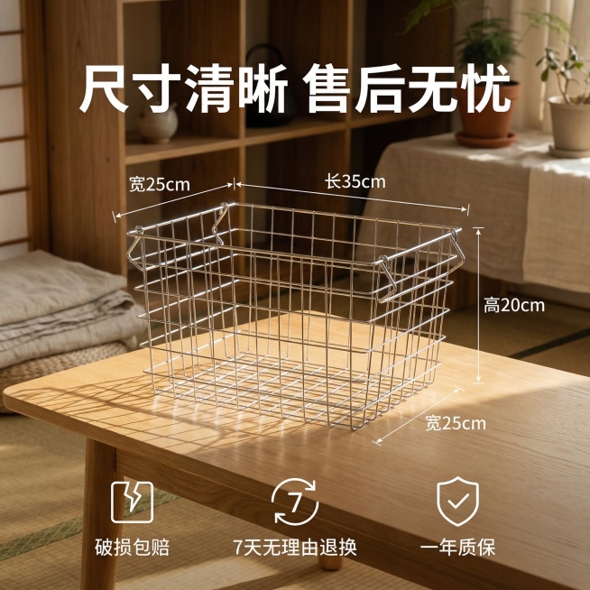 [垫图]https://1.jpg金属铁艺收纳篮尺寸与服务说明图，[氛围/风格]日系电影感，温馨暖调自然光，家居治愈感，与主图1使用相同的日式原木风房间背景，光源方向和色温统一，[画面元素]收纳篮居中预览效果