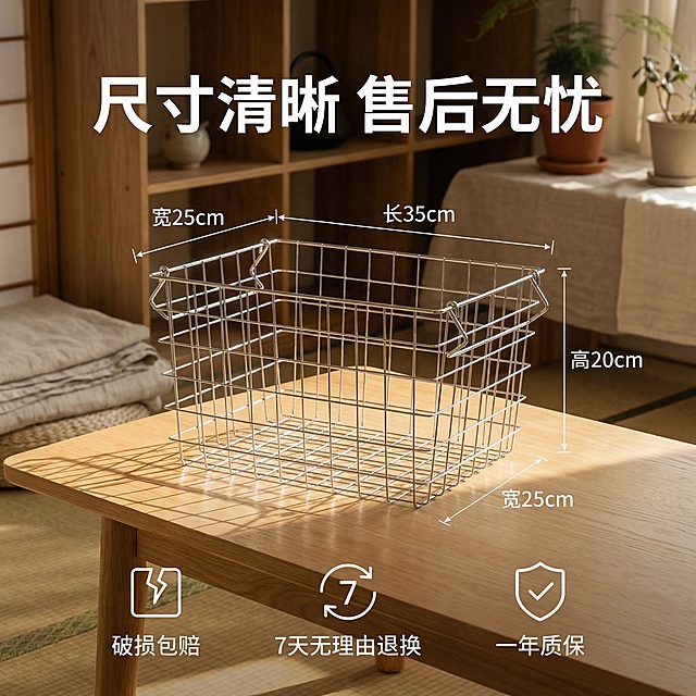[垫图]https://1.jpg金属铁艺收纳篮尺寸与服务说明图，[氛围/风格]日系电影感，温馨暖调自然光，家居治愈感，与主图1使用相同的日式原木风房间背景，光源方向和色温统一，[画面元素]收纳篮居中放置，主体完整无切割，[配色色系]主色调：金属银色（收纳篮）；辅助色：原木色、米白色、暖黄色，[视角构图]正面平视，背景浅虚化，突出收纳篮主体，[文字版式]顶部悬浮主标题“尺寸清晰 售后无忧”，粗黑体白色；从收纳篮的长、宽、高位置引出纤细实线引线，对应标注精准尺寸数据，文字为白色无衬线字体；画面底部横向排列三个服务图标加文字，分别为“破损包赔”“7天无理由退换”“一年质保”，白色无衬线字体搭配线性图标，文字悬浮于背景之上，无多余底框，[比例分辨率]1:1比例，2048*2048像素，2k分辨率。产品外观与原图完全一致，无改动。