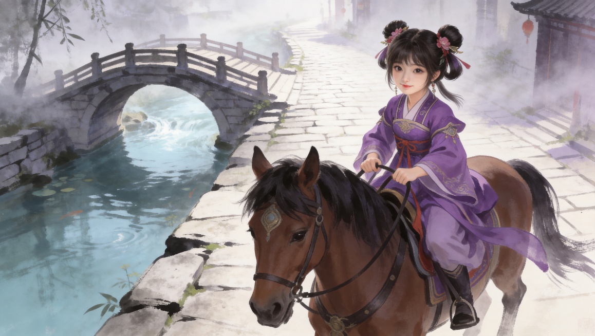 三国蔡文姬，身着紫色服装，骑在马上，背景是小桥流水潺潺，薄雾轻笼青石板路，采用厚涂与水墨晕染结合的数字绘画风格，色彩柔和，光影细腻，游戏cg风格，细节丰富预览效果
