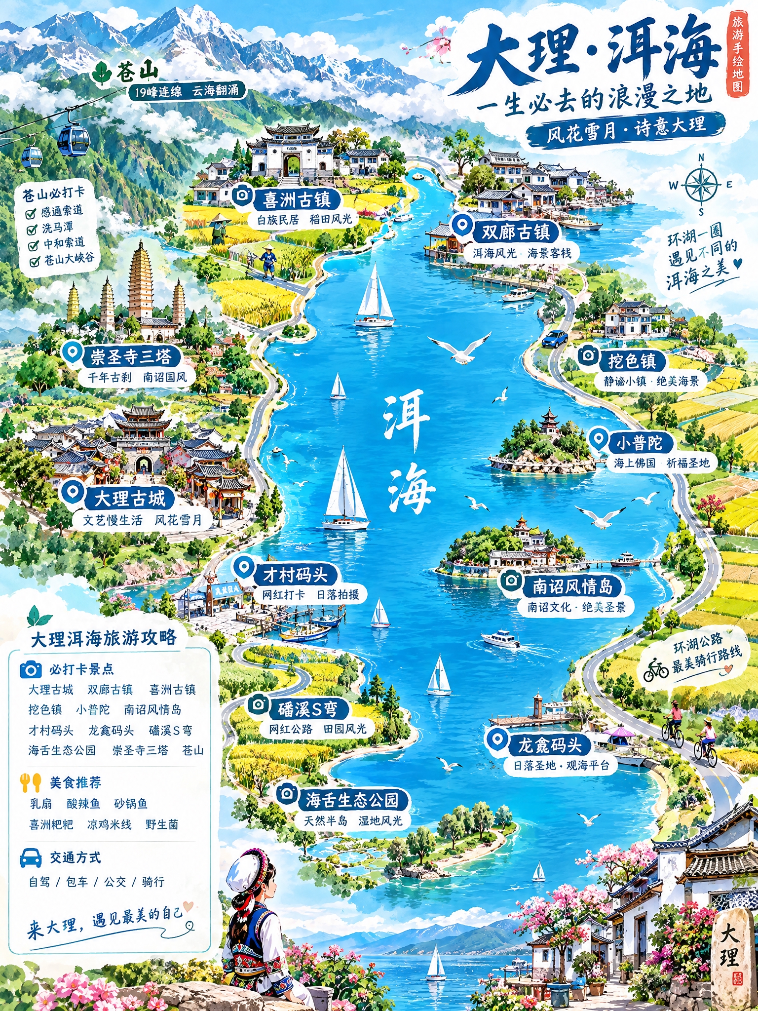 一张精美的大理洱海旅游手绘地图，竖版3:4比例，2K高清。画面… - 图片创意预览