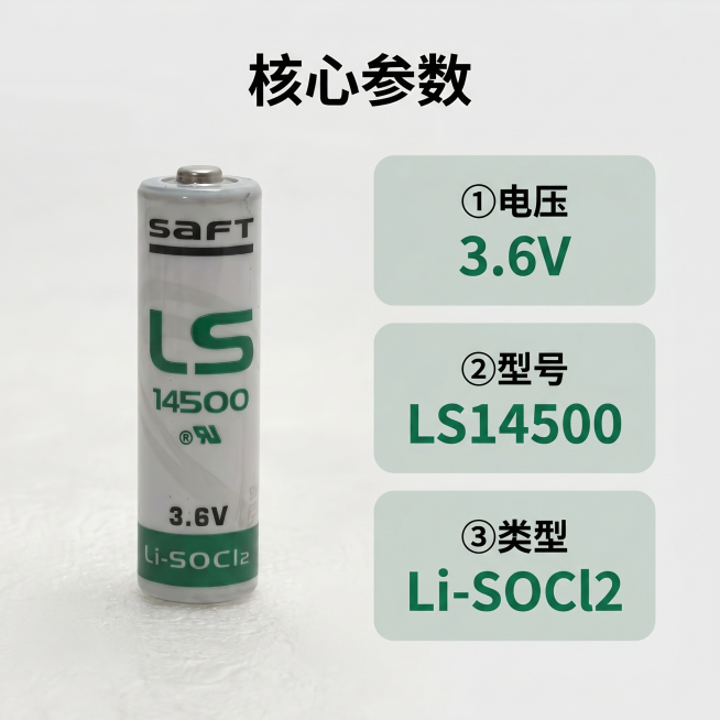 [主图 2] SAFT LS14500锂电池核心参数展示图。氛围风格：专业科技简洁风格，商业摄影质感，画面干净高级。元素：左侧展示完整电池产品，保持产品外观与原图完全一致，物理结构材质颜色无变形色差。预览效果