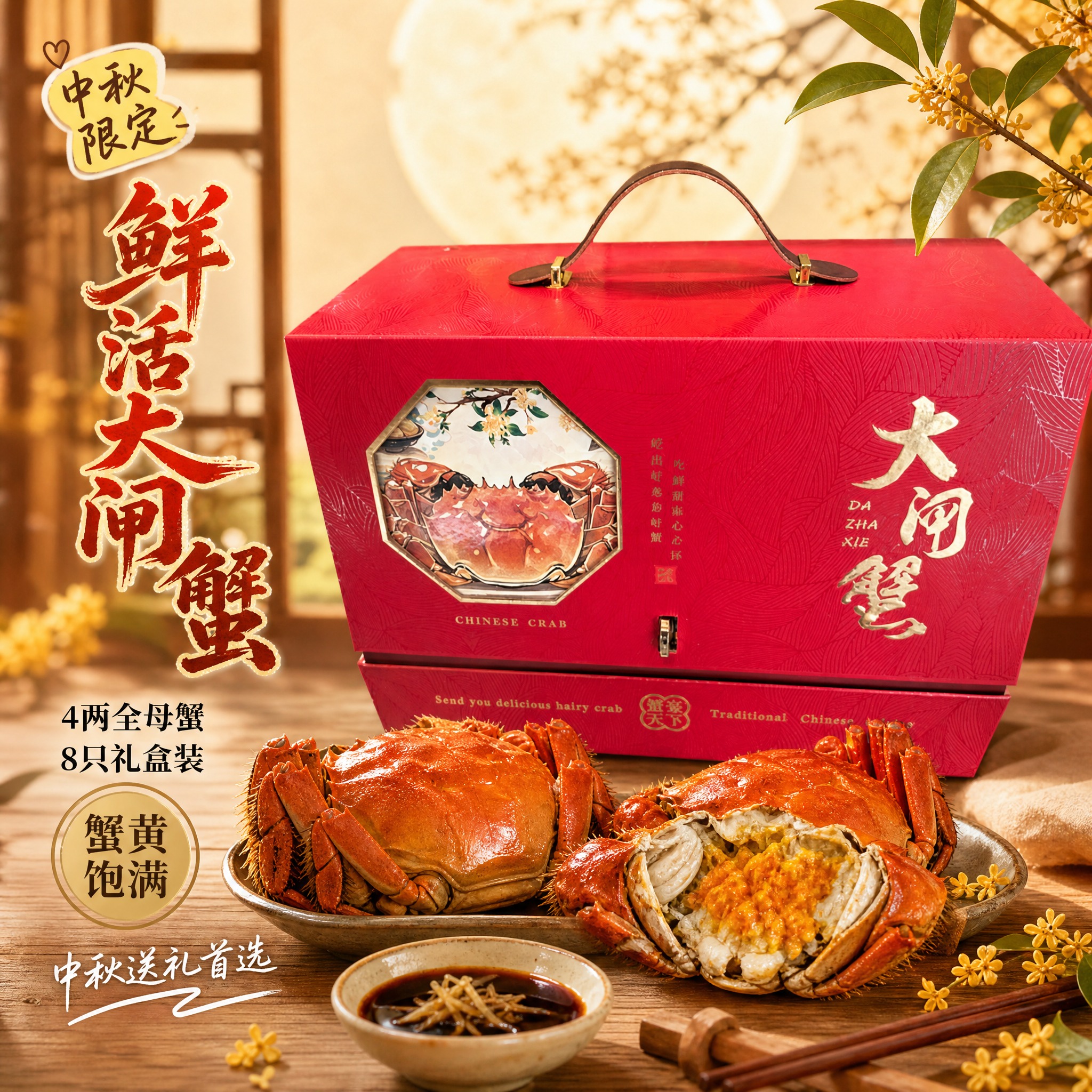 [主图-1] 鲜活大闸蟹礼盒首图，突出中秋送礼与食欲诱惑感，小… - 图片创意预览
