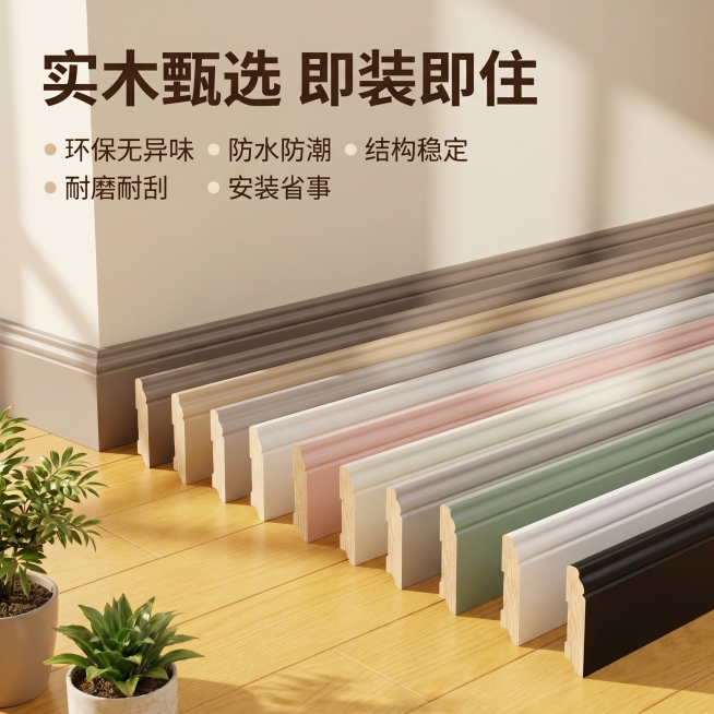 [主图 1] 实木踢脚线家装场景首图
[氛围风格] 温馨自然家装风
[画质] 商业摄影质感、光线柔和通透、产品清晰真实、画面干净高级
[元素] 保持实木踢脚线外观（物理结构、材质质感、颜色）与输入产品预览效果