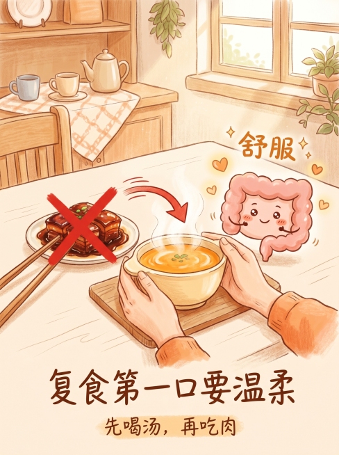 温馨的厨房餐桌场景，浅米色桌面，自然光柔和；一双手捧着浅黄色小碗，碗里是温南瓜汤/稀米粥冒着热气；碗旁筷子夹着油腻红烧肉，红烧肉上画红叉，箭头指向小碗，表示"先别吃肉，先喝汤"；加入微笑舒展的卡通肠道预览效果