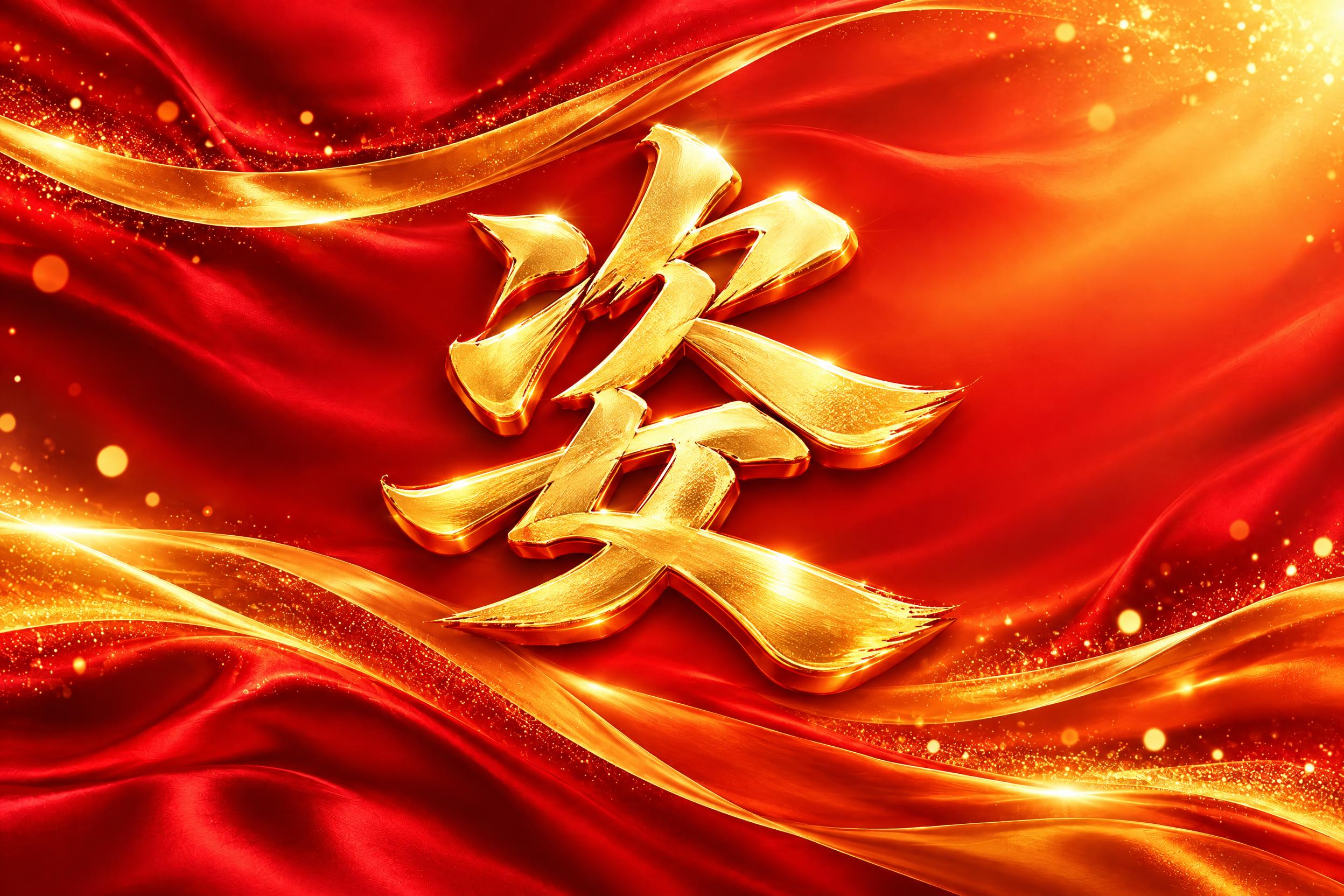 在这张红金丝绸飘带背景图的正中央，放置一个巨大的金色立体书法字… - 图片创意预览