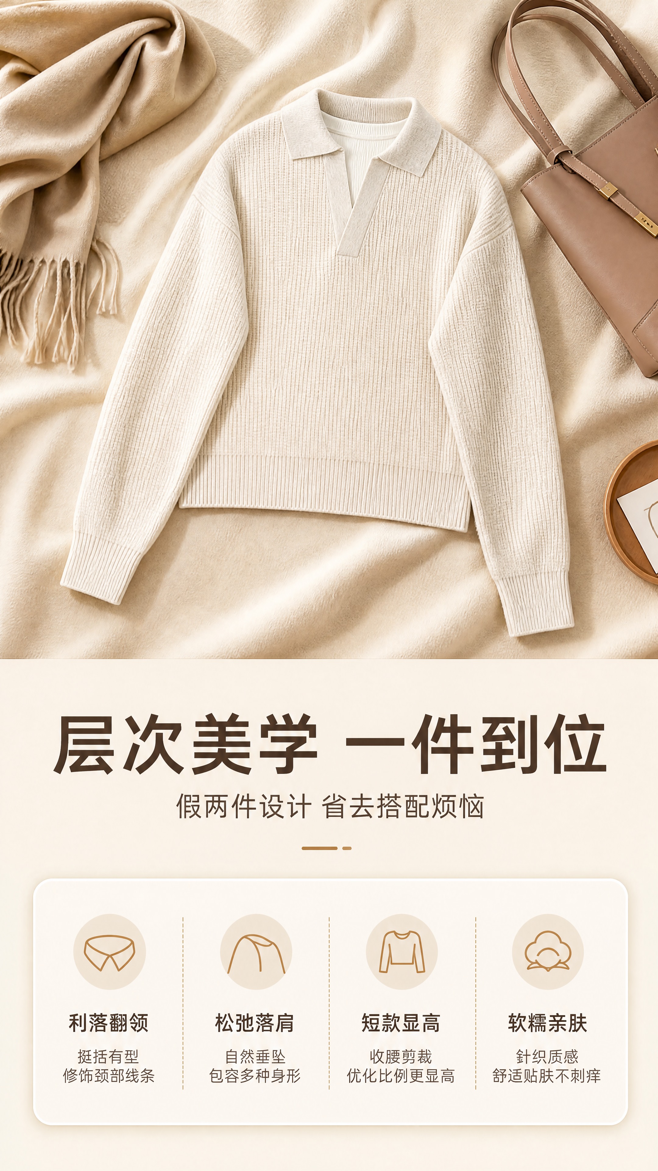 [商品] 使用【图1】米杏色假两件Polo领针织衫；商品处理：… - 图片创意预览