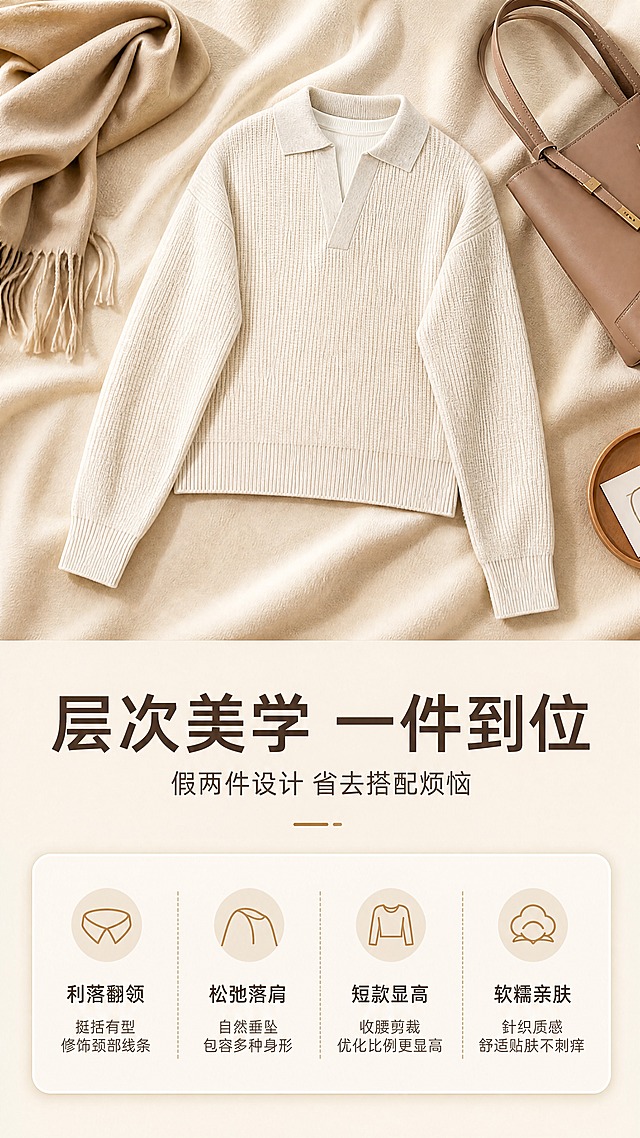 [商品] 使用【图1】米杏色假两件Polo领针织衫；商品处理：保留Polo翻领、假两件V型门襟、落肩长袖、短款收腰、华夫格针织纹理、米杏花纱颜色和整体版型；自然去除衣身、领口、袖子和下摆的杂乱褶皱与压痕，理顺垂坠，增强针织纹理、缝线和罗纹收边质感，不改变版型和结构。
[画面] 目标：设计理念页，解读假两件层次美学。构图：上下结构，上方针织衫平铺展示于米杏色布料背景上，搭配同色系围巾、皮质托特包等穿搭道具营造氛围；下方文字区阐述设计理念；产品占画面45%，有俯拍层次感。
[视觉] 套系策略：风格=轻熟通勤高级商业摄影；标题字=现代无衬线粗体；正文字=简洁无衬线体；主色=米杏暖调；背景延展=基于米杏色做深浅层级、同色渐变和细腻织物/哑光墙面质感；强调色=焦糖棕，仅用于小面积图标、引线和标签；标题色=深炭棕；正文色=中暖灰；组件=圆角浅底信息卡、细线引线；光影=左前侧暖柔光，柔和自然阴影。
[文字] 中上主标题「层次美学 一件到位」，副标题「假两件设计 省去搭配烦恼」，下方4个风格关键词短句：利落翻领、松弛落肩、短款显高、软糯亲肤；文字横向排版，不遮挡服装主体。
[规格] 图片比例9:16竖版，4K分辨率，避免变形、错字、文字过小、冷蓝/蓝灰背景、衣服颜色改变、版型失真、绝对化用语。