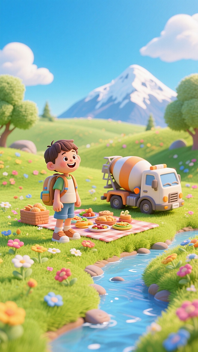 软3D风卡通场景，可爱男孩野餐，粘土质感与梦幻自然融合，清新明媚，虚拟现实感十足，传递春日欢乐氛围。