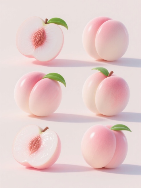 6个不同样式的水蜜桃元素，上下两行对齐排列，浅色背景，3D渲染风格，主色调为粉白色与淡粉色，带有柔和的光影效果，高光部位呈现明亮的白色反光，阴影细节细腻自然，水蜜桃表面光滑圆润，带有清新的绿色叶子，果肉呈现半透明的粉嫩质感，果核纹理清晰，整体画面简洁干净，视觉层次分明，信息传达高效，设计感十足。预览效果