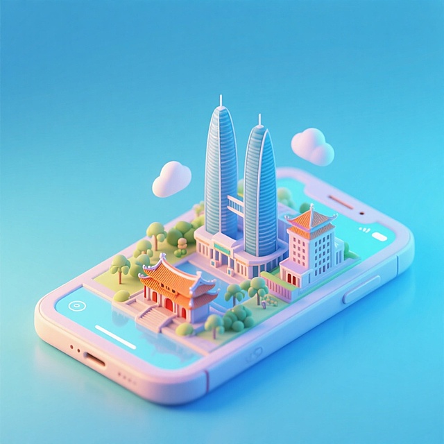 软3D风格手机微缩城市，融合传统建筑与未来塔楼，梦幻蓝调光影，科技感与清新感交织，虚拟现实中的和谐共生。