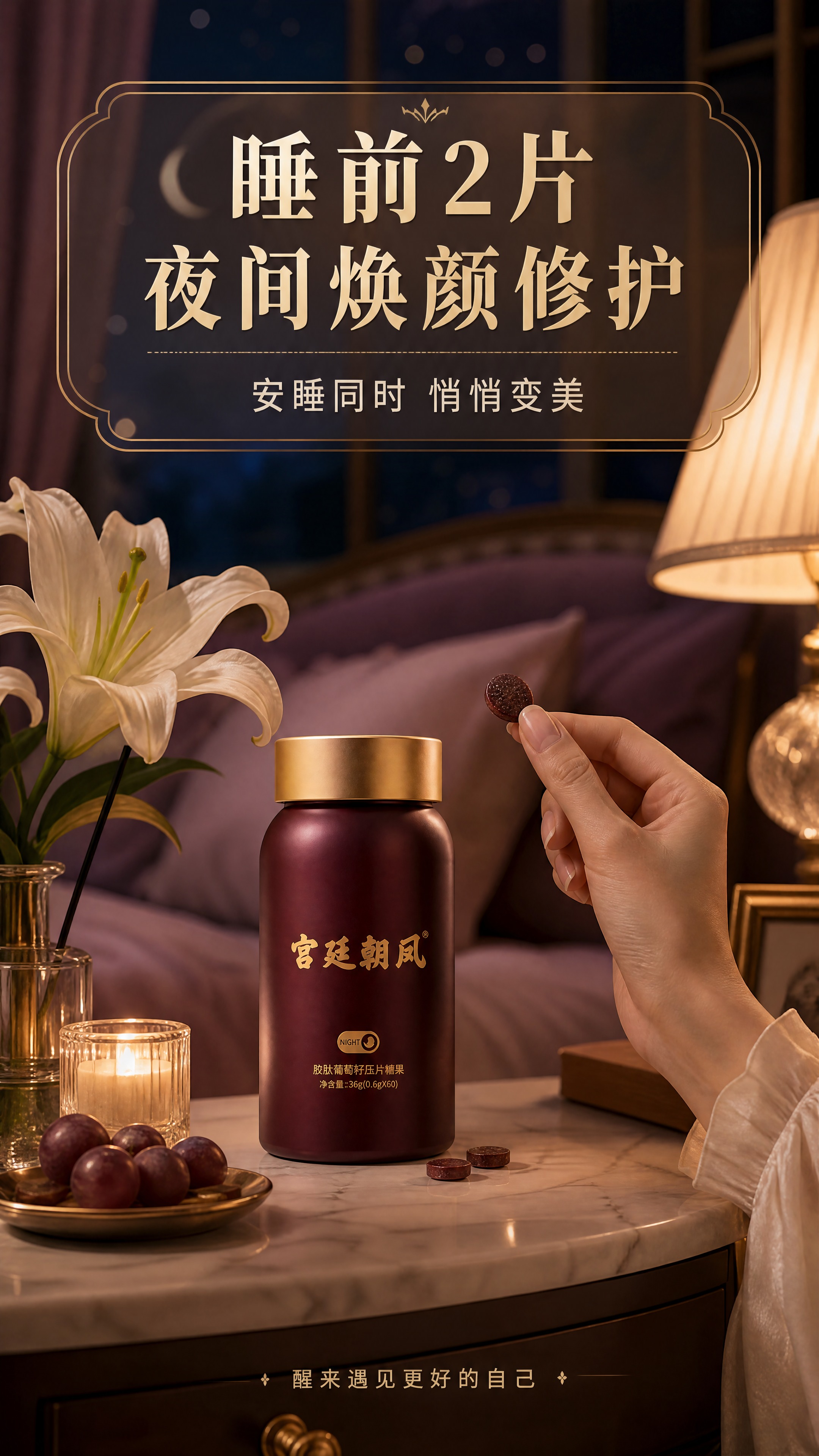 [商品] 使用【图1】【图4】酒红色夜间瓶（胶肽葡萄籽压片糖果… - 图片创意预览
