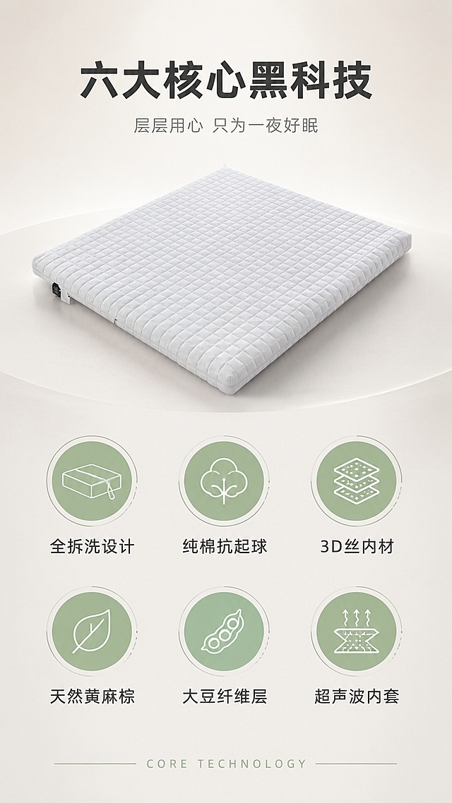 [第2屏] 核心卖点总览-六大核心卖点图标化呈现。本屏使用【图1】作为商品主体，保持床垫外观、格纹面料、方形绗缝、侧边拉链与标签位置与原图一致。
[氛围/风格] 简约现代科技风，干净清爽，信息可视化设计，商业摄影质感。
[元素布局] 床垫斜置于画面中上部，占比约45%，45°角展示全貌；床垫下方为浅灰色渐变台面；画面下半部分左右对称分布6个卖点图标组；背景为浅米白色渐变，顶部有柔和光晕。
[光影质感] 顶部柔光均匀照明，床垫底部有柔和投影，整体明亮干净，材质质感清晰。
[配色色系] 全局底色 #FAF8F5（浅米白）；主色白色床垫+深灰文字；辅助色浅绿、浅棕点缀；图标用浅绿+深灰双色。
[视角构图] 微俯视45°角，床垫在上，卖点图标在下呈2行3列矩阵排列，阅读动线从上到下。
[文字版式] 顶部居中大标题「六大核心黑科技」7字，深灰色粗黑体；标题下小字副标题「层层用心 只为一夜好眠」10字，浅灰色；下方6个圆形图标+文字组合，2行3列均匀分布：第一行「全拆洗设计」「纯棉抗起球」「3D丝内材」；第二行「天然黄麻棕」「大豆纤维层」「超声波内套」；每个图标为圆形浅绿底白色线性图标，下方配4-6字卖点名称，深灰色字；最底部一条细装饰线+英文「CORE TECHNOLOGY」。
[比例分辨率] 9:16 竖版比例，4K分辨率，文字清晰可辨，高清画质。
[负向提示词] 床垫变形，结构错误，面料纹理错乱，文字模糊，图标变形，水印，背景杂乱，颜色偏差。