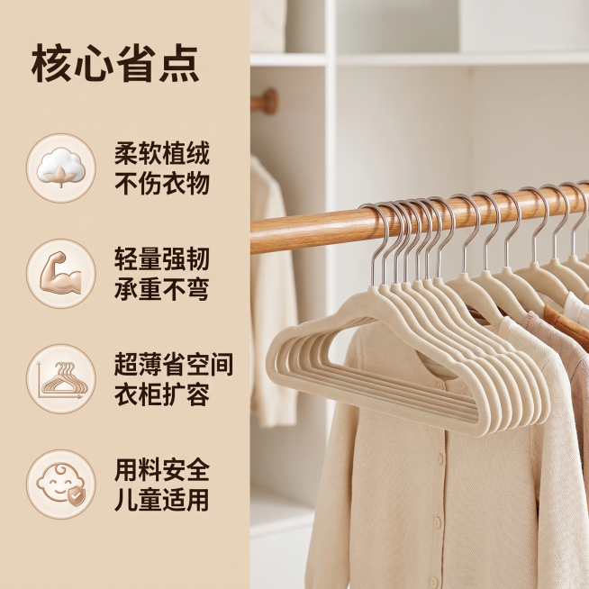 [主图 2] 儿童植绒衣架核心卖点展示。[氛围风格] 干净明亮的居家日用风，整洁通透；[画质] 商业摄影质感，光线柔和通透，产品清晰真实，画面干净高级。[元素] 左侧竖向排列五个卖点，每个卖点配精致微预览效果