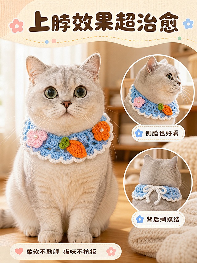 [商品] 使用【图1】蓝色手工针织宠物围脖；保留蓝色主体、白色波浪花边、粉色花朵、橙色花朵、胡萝卜装饰的完整结构与颜色；围脖自然佩戴在猫咪脖子上，贴合不紧绷，装饰花朵位置正确。
[画面] 目标：佩戴效果展示，让买家直观看到猫咪戴上后的可爱效果。构图：左侧大区域展示一只浅灰色英短猫正面坐姿戴围脖的完整效果，猫咪神态乖巧，眼睛圆大，占画面约60%。右侧上下两个小圆形画中画，上方圆形展示猫咪侧脸佩戴效果，下方圆形展示围脖背面系带蝴蝶结效果。背景是温馨的居家场景，有虚化的米色窗帘和木质地板，光线柔和。
[视觉] 套系策略：风格=低饱和温馨治愈风 手工感 萌系软萌；标题字=圆润粗黑体 可爱饱满；正文字=圆角无衬线体 亲和易读；主色=奶油米杏色；背景延展=基于奶油米杏做深浅层级 同色渐变 织物/毛线质感纹理；强调色=浅蓝色+柔粉色 仅用于小面积图标 引线 标签点缀；标题色=深棕褐色；正文色=中暖棕色；组件=圆角白色信息卡 虚线引线 软萌圆点 小花装饰；光影=窗边暖柔光 猫咪毛发蓬松有光泽 围脖针织纹理清晰 柔和自然阴影。
[文字] 顶部主标题"上脖效果超治愈"，字号大。右侧两个小圆旁配小字标签："侧脸也好看""背后蝴蝶结"。底部小字说明"柔软不勒脖 猫咪不抗拒"。文字放在负空间，不遮挡猫咪主体。
[规格] 图片比例3:4竖版，4K，避免变形、错字、文字过小、猫咪面部扭曲畸形、围脖穿模漂浮、毛发不自然、高饱和度。