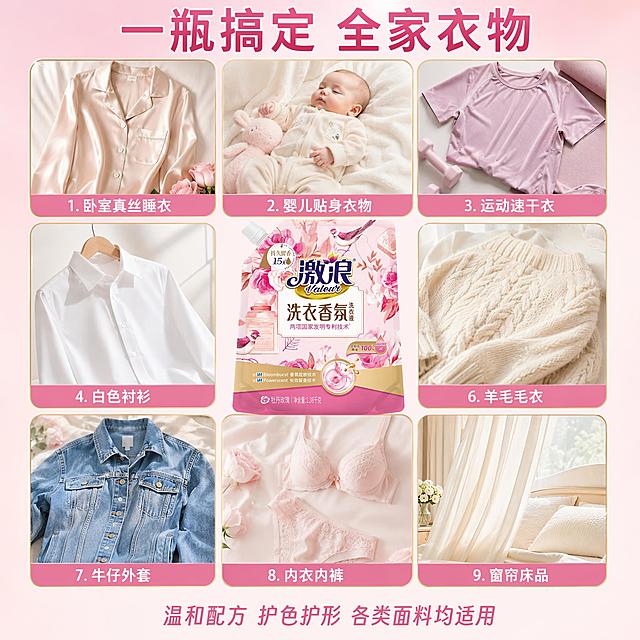 电商主图第三张全新第三版，多场景适用九宫格，激浪洗衣香氛洗衣液，粉金风格统一。画面采用3x3九宫格画中画布局，每格展示一个适用场景：1. 卧室真丝睡衣 2. 婴儿贴身衣物 3. 运动速干衣 4. 白色衬衫 5. 中央格放大展示激浪洗衣液产品主体 6. 羊毛毛衣 7. 牛仔外套 8. 内衣内裤 9. 窗帘床品。每个小场景图下方有小字标注场景名称。背景为浅粉色渐变，九宫格之间用细金色线条分隔。顶部大标题“一瓶搞定 全家衣物”，深粉色粗体大字居中。底部一行小字“温和配方 护色护形 各类面料均适用”。整体信息量大，展示产品广泛适用性，版式整齐有设计感。商业摄影质感，各场景光影统一柔和，产品清晰。保持产品外观与输入产品图绝对一致。1:1比例，文字清晰，超高清。负向：变形 文字错乱 产品模糊 背景杂乱 水印 平台Logo