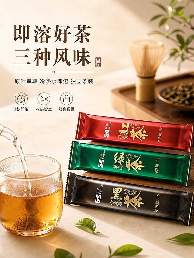 [商品] 使用【图1】速溶茶三味组合（红茶红金/绿茶绿金/黑茶花黑金包装）；保留长条独立袋外形、金色书法字体、易晓Eastsign Logo、净含量1g字样、包装暗纹与金属质感；清晰化包装文字与Logo，不改变颜色、结构与比例。
[画面] 页面目标：食欲氛围头图，三味组合主视觉，突出即溶好茶与多口味；左文右图构图，左侧文字区，右侧产品主体占画面65%；三条茶呈阶梯错落斜放，红茶在上、绿茶居中、黑茶在下，前方放置一只透明玻璃杯，杯中冲入温水茶粉正在溶解，茶汤呈琥珀透亮色，杯壁有细腻水雾；背景为浅米白柔光桌面，远处虚化有茶叶、茶筅、原木茶盘等中式茶席元素，前景散落几片新鲜茶叶；整体≥3层环境元素，营造温润饮茶氛围。
[视觉] 套系策略：风格=新中式温润茶系商业摄影；标题字=粗衬线宋体（厚重有力量）；正文字=细黑体；主色=浅米白+茶褐；背景延展=基于浅米白做深浅渐变、柔光桌面与茶席虚化层次；强调色=朱红+松绿+墨金（仅用于小面积图标、引线、标签）；标题色=深茶褐金；正文色=深灰褐；组件=细线引线、圆角浅底信息卡、中式印章式标签；光影=自然暖阳侧逆光，柔和打亮包装金属质感与茶汤通透感。
[文字] 左上文字区：主标题「即溶好茶 三种风味」（8字）；副标题「原叶萃取 冷热水即溶 独立条装」（14字）；下方3个小卖点icon+短句：「3秒即溶」「冷热皆宜」「随身便携」；文字横排，不遮挡产品主体与茶汤；标题最大最粗，副标题缩小50%，卖点文字再缩小。
[规格] 图片比例3:4竖版，4K高清；负向提示：变形、错字、文字过小、包装文字错乱、悬浮穿模、平台Logo、水印、绝对化用语、医疗功效宣称。