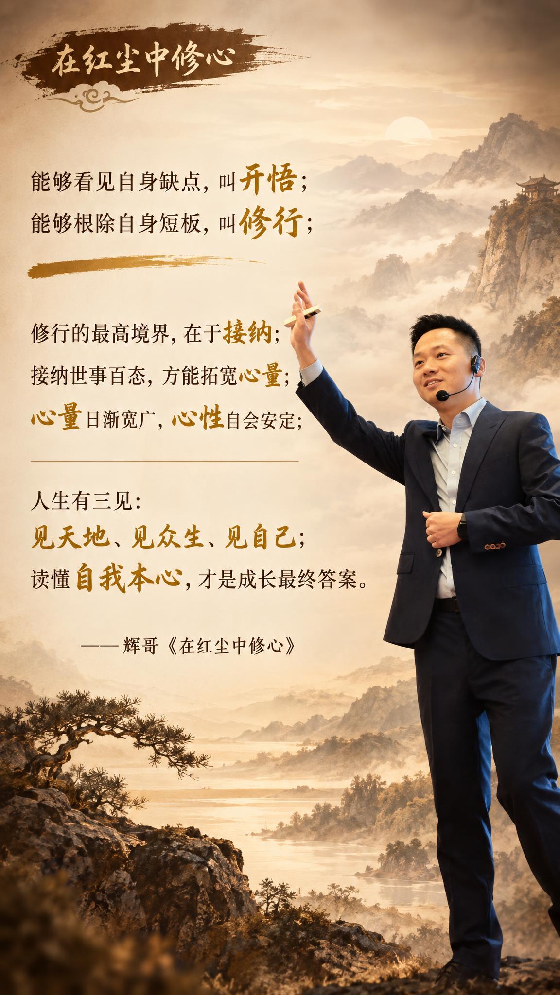 个人IP金句海报，竖版9:16，禅意新中式暖棕风格，有修行智慧… - 图片创意预览
