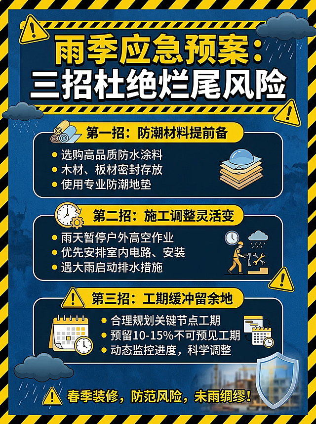 春季装修雨季应急预案主题海报，警示风格，深蓝色背景搭配黄色警示标识。主标题："雨季应急预案：三招杜绝烂尾风险"，清晰列出三点应对方案：第一招防潮材料提前备，第二招施工调整灵活变，第三招工期缓冲留余地，搭配乌云雨滴元素，醒目清晰，突出风险防范主题