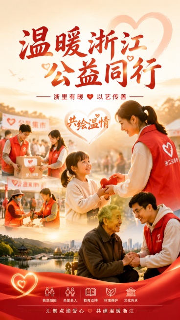 温暖浙江公益同行主题公益海报，写实温情风格，暖色调，构图饱满。画面展示浙江公益场景，志愿者爱心传递，民生温情互动，整体情感真挚，具备公益感染力。画面包含文字：主标题"温暖浙江 公益同行"，副标题"浙里预览效果